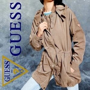 GUESS Drawstring Waist Remov. Hood Long Utility Windbreaker Jacket-Khaki/Lg NWT